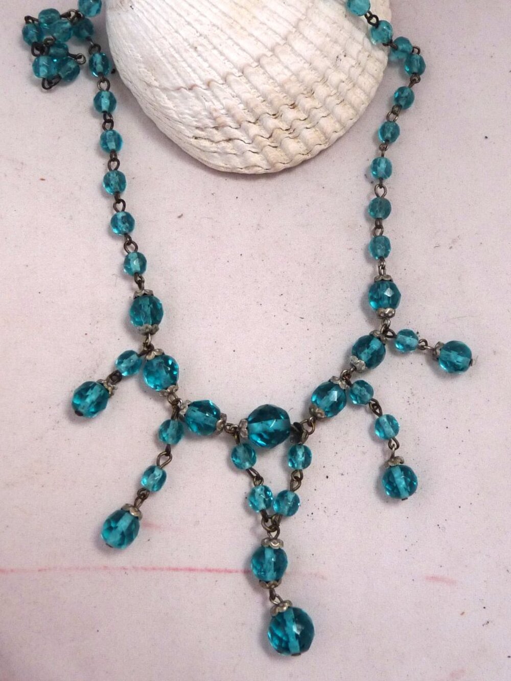 Vintage antique turquoise glass crystal necklace chain dangle silver tone